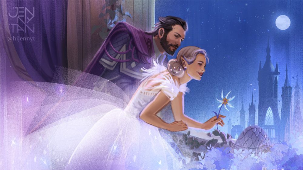 Rook admiring the view of Treviso while Lucanis looks at her instead. Artist is using soft pastel pinks and deep blues. I've also added sparkles and specks for texture. Rook holds the finale flower in her hand. 