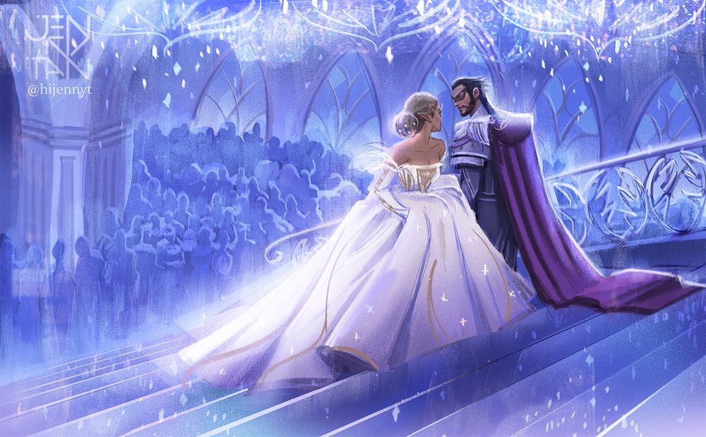 Digital fanart of Lucanis passing Rook on a staircase at a Treviso Masquerade ball. I'm using Teal, purples and blues for my colour palette and trying to push a glowy romantic atmosphere