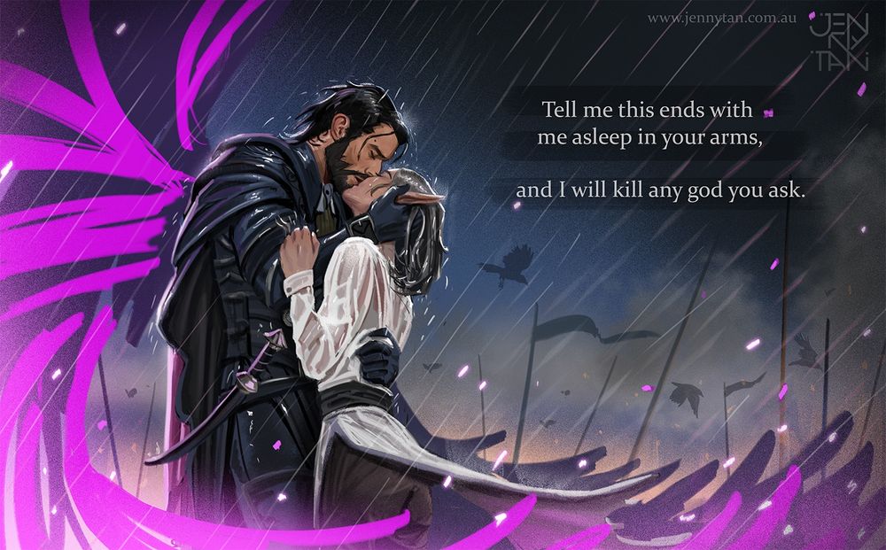 Fanart of Lucanis and rook from dragon age sharing a kiss in the rain before the final battle. His pink wings are featured and the quote "Tell me this ends with me asleep in your arms and I will kill any god you ask" is included.