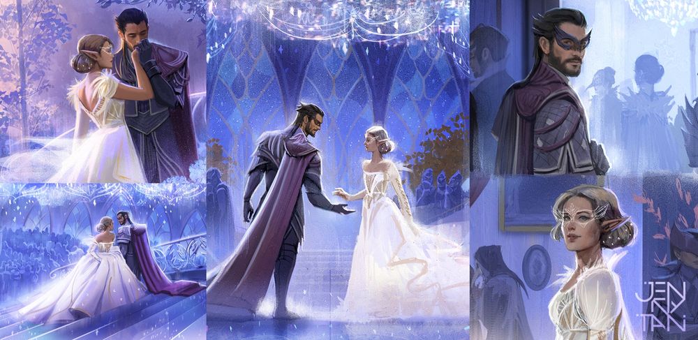 a collection of my dragon age rookanis fanart which is very much a ballroom au and tropes. Lots of blues and purples are used. 