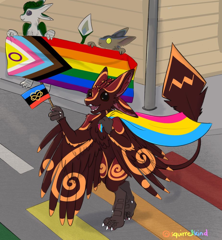 A cinnamon red and gold Avali walks across the street wearing the Pansexual tricolor on his back and carrying a small Polyamory pride flag in his right paw. Two other Avali look on from the sidewalk while holding a Progress Flag