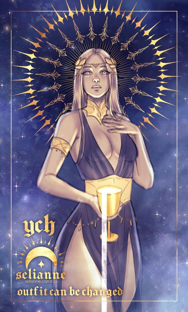 Your Character Here offer. There's a character standing, holding a cup with water spilling out of it. The ych is in blue and gold color palette.
The text on the base:
ych
selianne.carrd.co
outfit can be changed