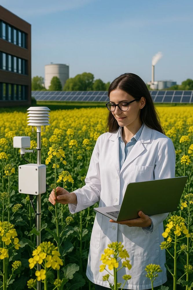 joven investigadora junto a una estación meteorológica en un cultivo de colza (brassica napus)