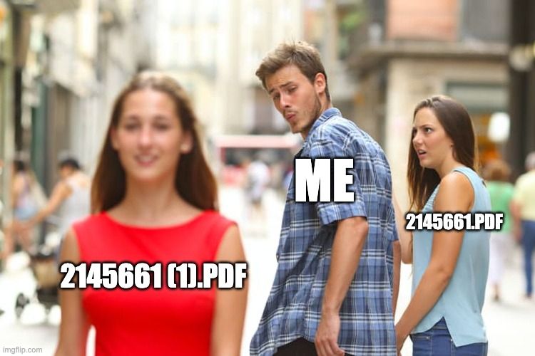 meme showing ma looking at 2145661(1) PDF file while other girl named 2145661.PDF looks on angrily