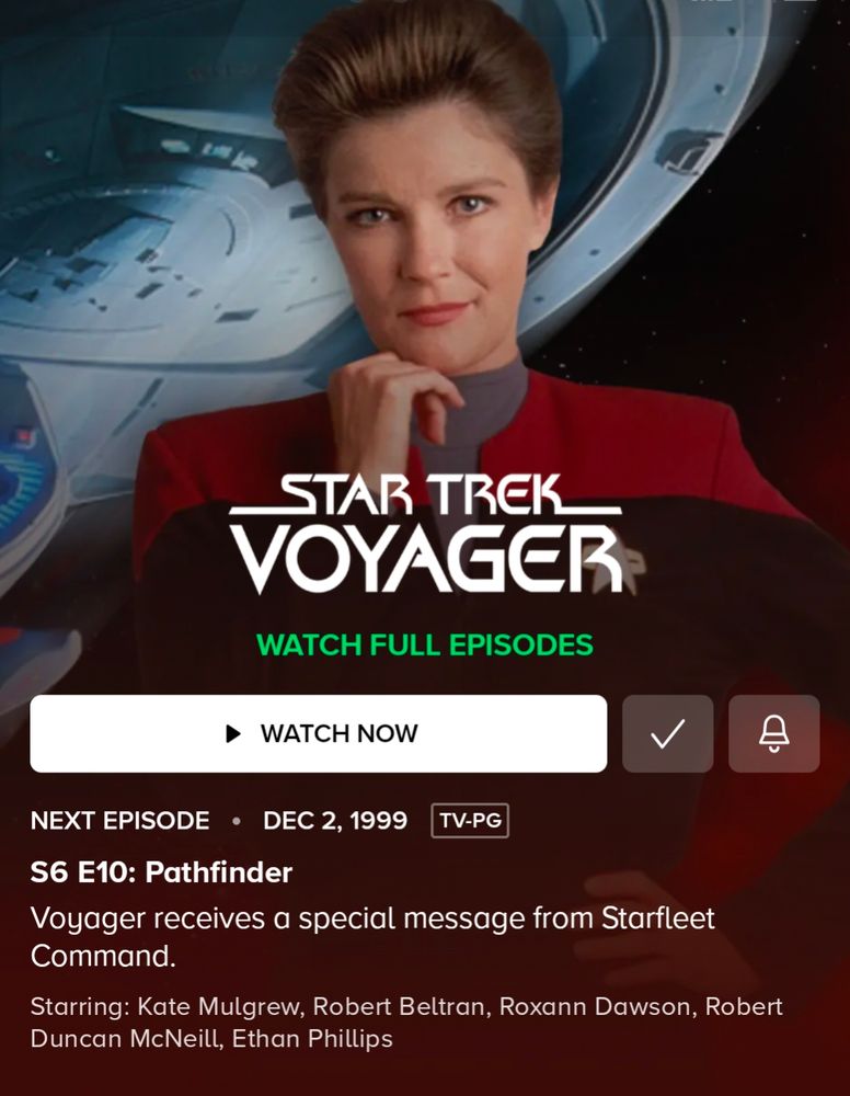 Screenshot of Paramount Plus showing Voyager S6E10 Pathfinder episode is next