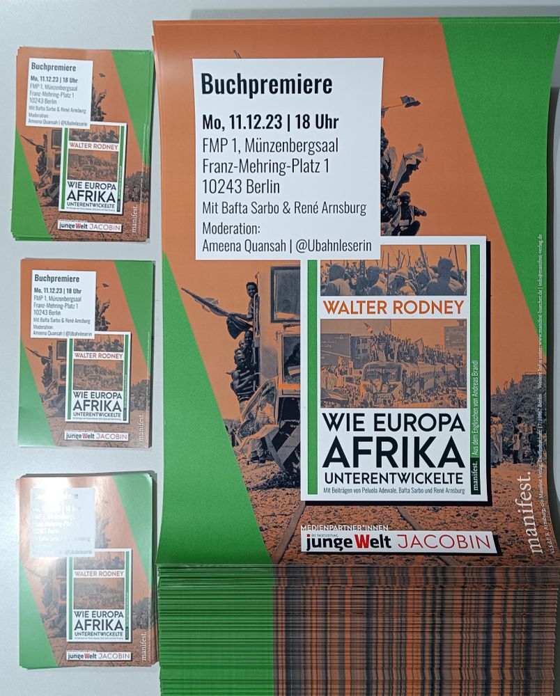 Plakate und Flyer für die Buchpremiere von Walter Rodneys "Wie Europa Afrika Unterentwickelte"