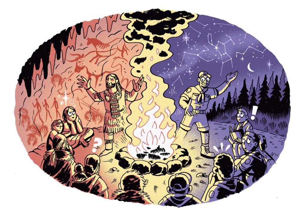 A cave man tells stories around a fire on the left, a scout leader tells stories around a fire on the right.  Illustration by Jordan Collver