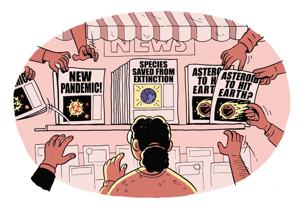 A woman looks at a news paper stand where hands are grabbing headlines with negative connotations: "new pandemic" and "asteroid to hit earth" and no one is taking the headline which says that a speciers has been saved from extinction. Illustration by Jordan Collver