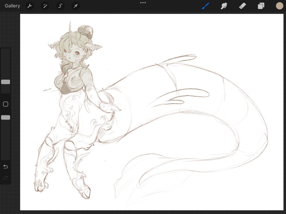 stone-carved hippocampus oc, "meridian". very unfinished but she has greenish stone skin and hair, clay swirls on her body, and a unicorn horn