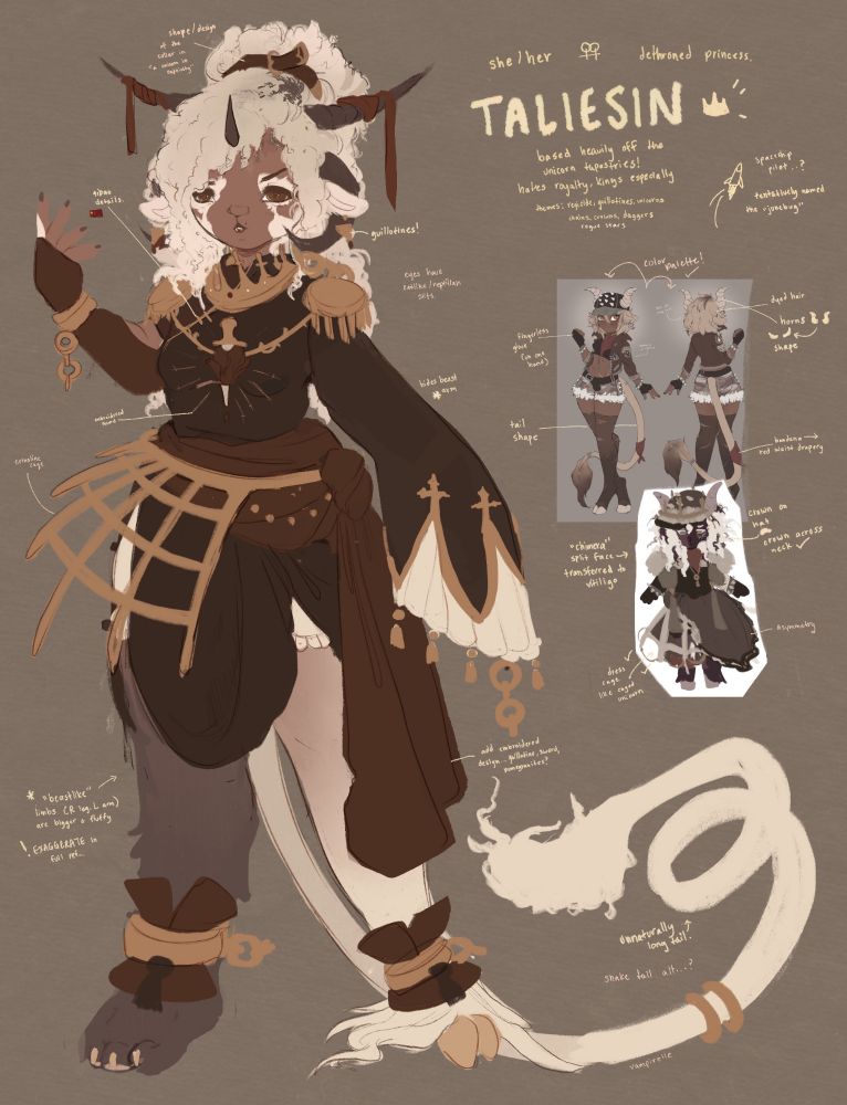 scribble reference sheet of an original character, "taliesin". she has medium brown skin with non-segmental vitiligo, with pale patches of skin around her eyes and on her cheeks. she has coily hair flowing down her back and piled on top of her head; her hair is dyed platinum blonde. one of her arms and one of her legs has dark fur, these limbs are larger and more monstrous than the others. she has a very long lionlike tail. her outfit is that of a dilapidated royal, complete with chains on her wrists and ankles and a crown around her throat.

various text is scribbled on the image as notes for the artist later - nothing especially important!