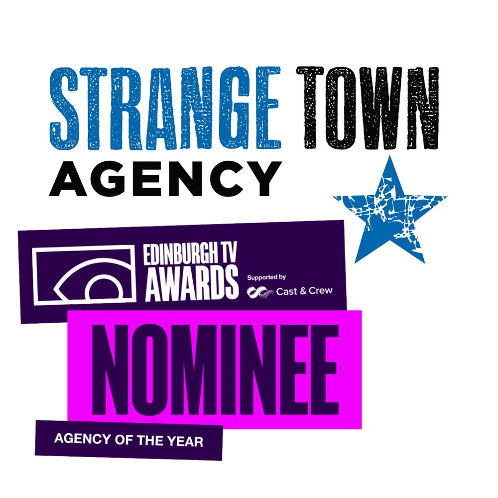 2 logos, one reading Strange Town agency in blue and black along with a blue star, the seond one has text on a pink and purple background and read Edinburgh TV awards, supported by Cast & Crew, Nominees, Agency of the Year