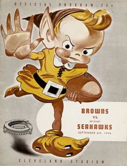 Cover of a Cleveland Browns game program from 1946 featuring “Brownie the Elf” looking lime a bad ass