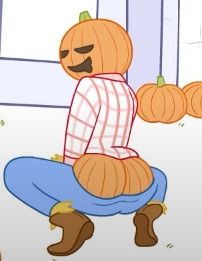 A photo of a squatting, humanoid pumpkin with a dumpy ass.