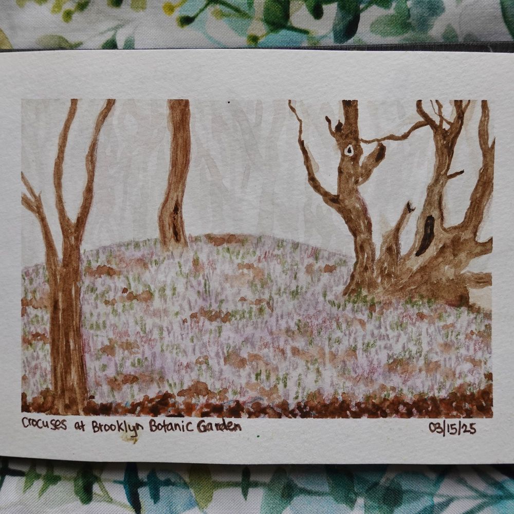a watercolor and colored pencil piece depicting several gnarled trees on a purple hill of crocuses, with green steps and brown leaf piles scattered throughout the landscape
