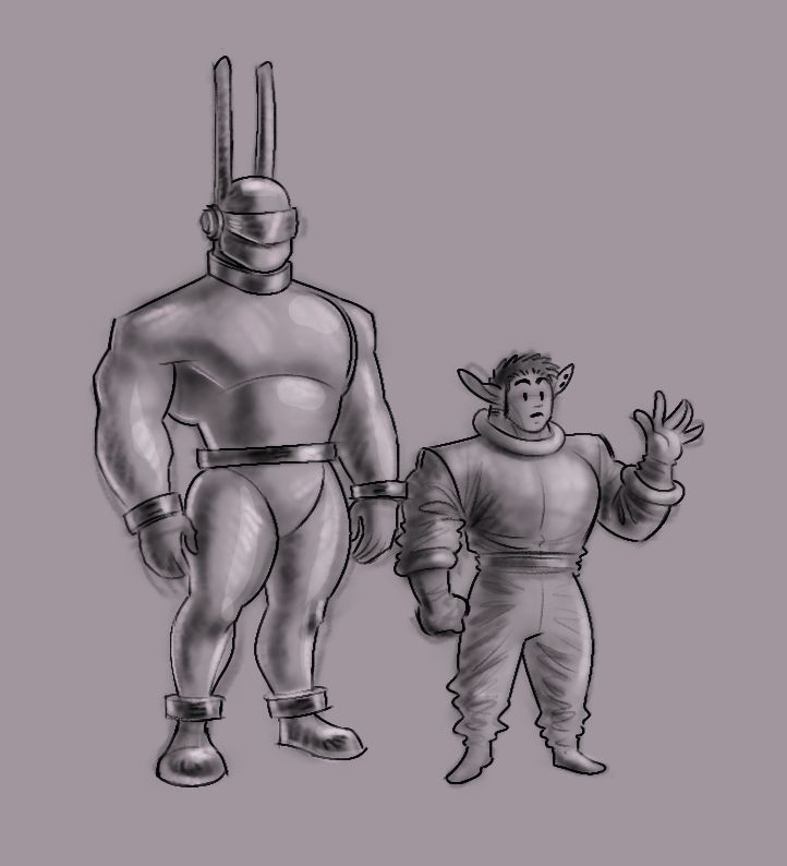 semi-chibi-ish doodle of Peewee as Gort and Vice as Klaatu from The Day the Earth Stood Still