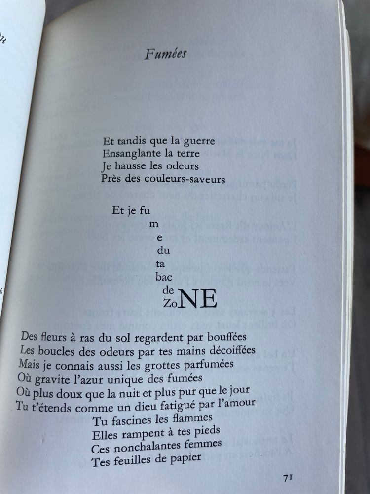 
Fumées
Et tandis que la guerre
Ensanglante la terre
Je hausse les odeurs
Près des couleurs-saveurs
Et je fu
           m
             m
              e
               du
                 ta m
                     bac
                        Bb
                        ZNE
Des fleurs à ras du sol regardent par bouffées
Les boucles des odeurs par tes mains décoiffées
Mais je connais aussi les grottes parfumées
Où gravite l'azur unique des fumées
Où plus doux que la nuit et plus pur que le jour Tu t'étends comme un dieu fatigué par l'amour
Tu fascines les flammes
Elles rampent à tes pieds
Ces nonchalantes femmes
Tes feuilles de papier
71