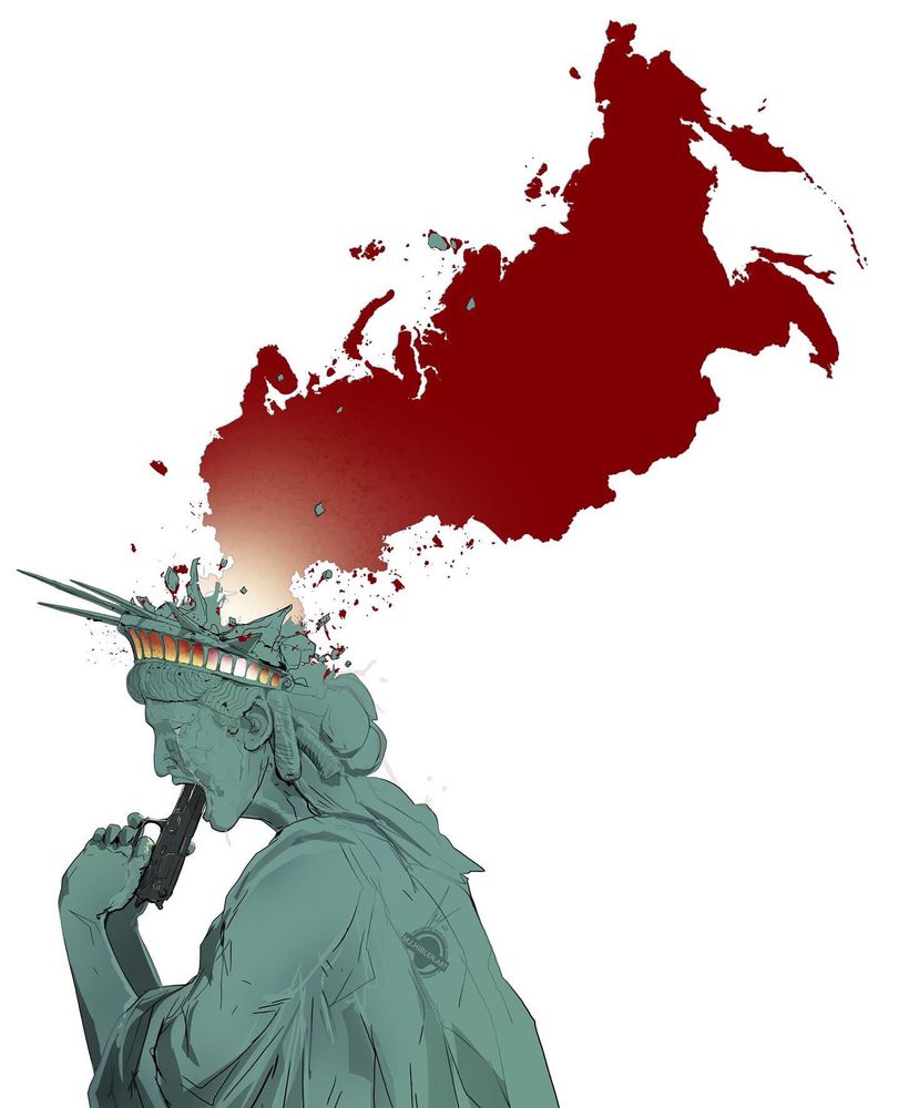 La Statue de la Liberté se tire une balle dans la tête, le sang qui en sort à la forme de la Russie 🇷🇺.