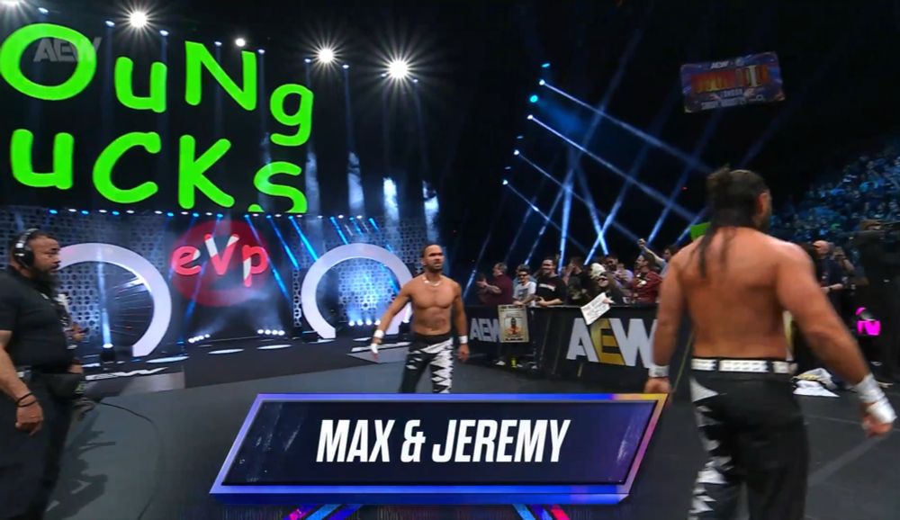 nick and matt entrance with their poor graphics. their lower third reads max & jeremy