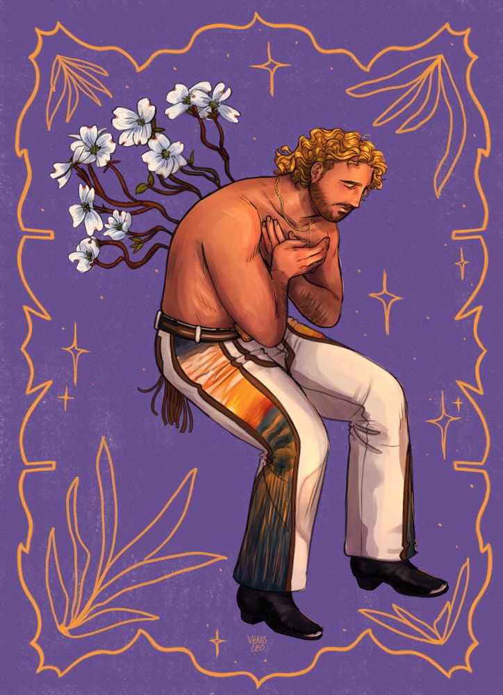 illustration of hangman adam page. he is hunched over with his hands placed gingerly on his chest. branches of dogwoods are sprouting from his back. he’s wearing the gear he wore at all in and is bathed in a golden light. the background is purple with a golden frame and golden stars and plants bordering him as well