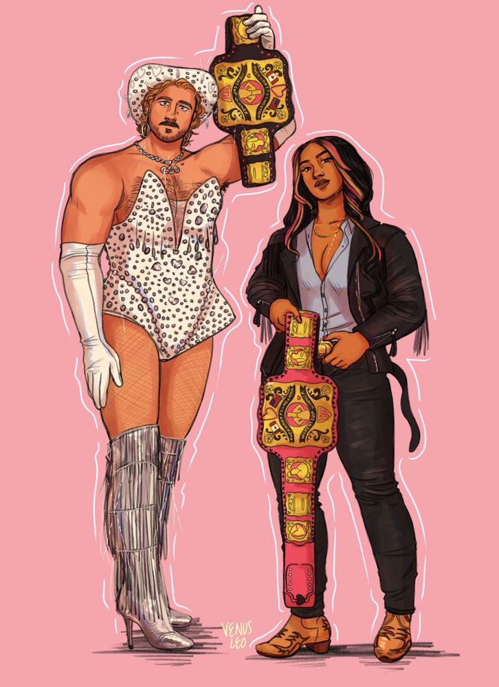 drawing of mercedes mone and hangman recreating the official owen photo of them posing with their belts but their outfits are switched. Mercedes is wearing a blue button up, dark gray jeans, light brown boots, and a leather jacket. hangman is wearing the white body suit studded with jewels and a cowboy hat with jewels. He’s also wearing silvery boots with fringe