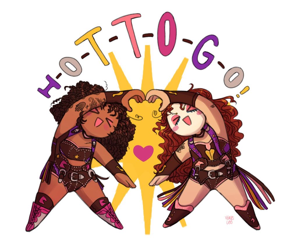 drawing of willow nightingale and Chappell roan doing a heart pose using their arms. they’re both wearing similar clothes - chappell’s wearing her cowboyesque brown, yellow, pink, and purple outfit from her grammy’s performance. willow is wearing something similar as an homage. above them is the text “h-o-t-t-o-g-o” with a big star behind them. there’s a pink heart between them
