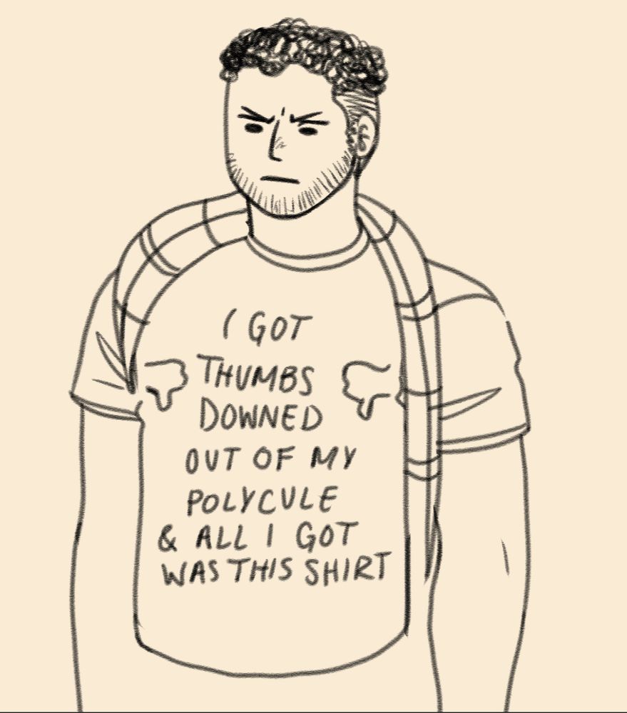 mjf wearing a shirt that reads: I got thumbs downed out of my polycule & all i got was this shirt”