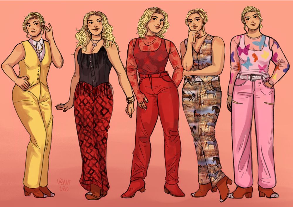 drawing of a line up of a series of renees wearing these outfits from left to right: a butter-colored sleeveless suit with a white sleeveless button up, and brown boots with a steel toe; a black corset top with fringe, red and black snakeskin pants, and brown boots with a steel toe; a red see through top with a black tanktop, red pants, and red boots; a full sleeveless suit with horses on them, and brown boots with a steel toe; a pink see-through top with butterflies with a white tanktop, pink pants, and brown boots with a steel toe 
