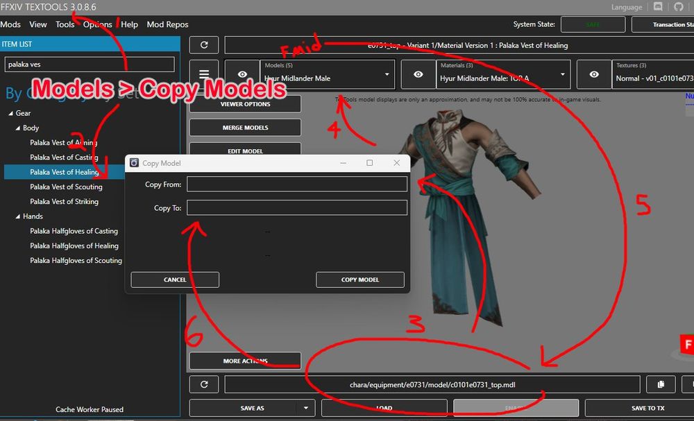 a multi step guide in one image showing how to copy models between m to f models in textools 