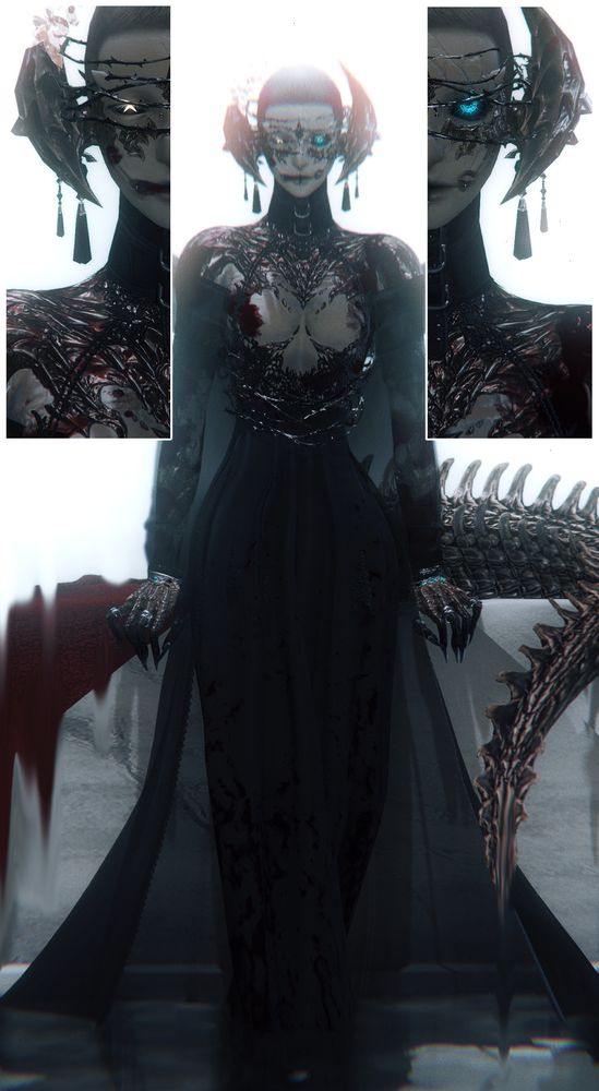 an image of cyma clay, dressed in flowing black pants, a sheer robe off their shoulders and a lace affair on their torso that frames their scale pattern and marble skin. metallic thorns wrap their head and midsection, and they lean against an alter draped in white and red cloth. no blood adorns the alter but their arms and chest are drenched, red stains like lip marks across their mouth and face. overlaying the image is a split of a close up on cyma's head, one half of their face framed to either side of the wide shot's body. the split. they themself the alter that they broke to be free