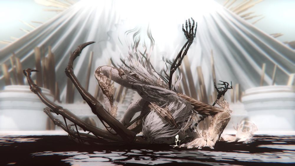 an image of cyma as they are torn apart and reconstructed of light, scales turned from white to gold. flesh marble, writhing on the ground at the steps of mt gulg in a sea of their own cast off mortal blood and flesh, wrenching light 