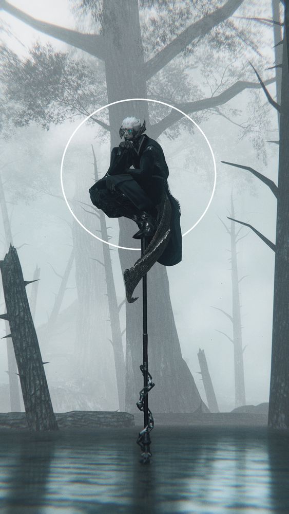 screenshot of the user's character, cyma clay, perched atop a spear driven into the ground. the surroundings are a swamp, the shallow water obscuring the ground as dead burned trees stick out at jagged angles in the background. the character is crouched on the butt of the spear, tail wrapped loosely around the haft and their chin resting on one hand. they wear dark robes over silver armor