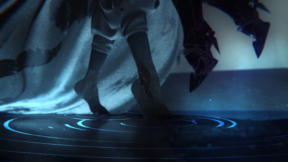 a close up of their dancing feet, the dark armored one's well off the ground, the taller's stepping delicately despite the weight of two
