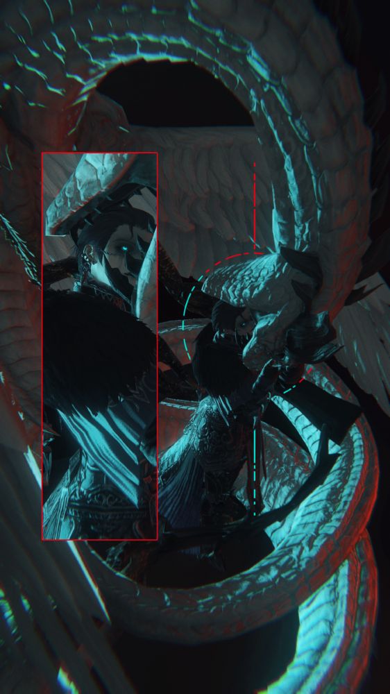 a pose of zero wrapped in the coils of a winged white snake, its head bent in an arch to reach open maw for her. zero reaches up towards it, cradling it even as its jaws threaten to envelope her head, expression a strange mix of calm and intense attention, welcoming the teeth scraping through her hair and against her cheek and throat. the lighting is dark, half zero's teal and half a vivid red, stark against the twined figures captured in a moment of surrender 