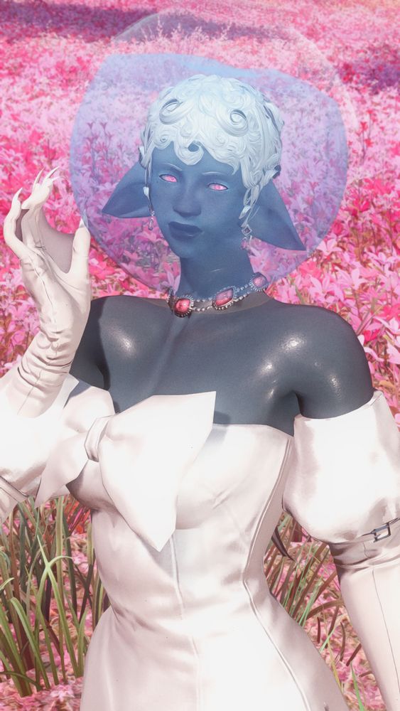 screenshot of a blueish grey fem elezen wearing a cute white strapless dress with detatched sleeves. her hair is short and curled tight against her head, which is encased in a fish bowl filled with water. her ears are large and downturned, her eyes pink, and she wears silver and pink accessories. her hands are notably clawed and webbed, her skin perpetually wet even outside of the fish bowl