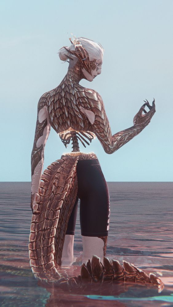 image of cyma clay standing in water at a beach, wearing only a pair of long swim scuba shorts, their open midriff and golden spine open to the air, the daylight playing on golden scales