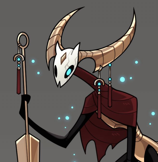 an image of cyma clay in hollow knight: a close up of their cracked white mask of a face, arched golden horns adorned with earrings, a dark red mantle around stick thin shoulders, a gold armored bug body and their black limbs holding a large golden needle sword 