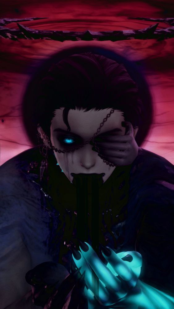image of zero final fantasy as the poster imagines her (full of voidsent vestiges and dark colors, arm a teal glowing version of her avatar form, a vestigial hand over one eye, visible eye a teal reaper eye) on a background of red sky and a swirling void framed behind her head like a halo. zero stares to camera, hands cupped under her face as black blood pours out of her mouth and down her neck from her decapitation wound, her aether so active and abundant it creates too much blood for her body, expelled through every orifice. a symbol of her acceptance of darkness and bloodletting for her cause