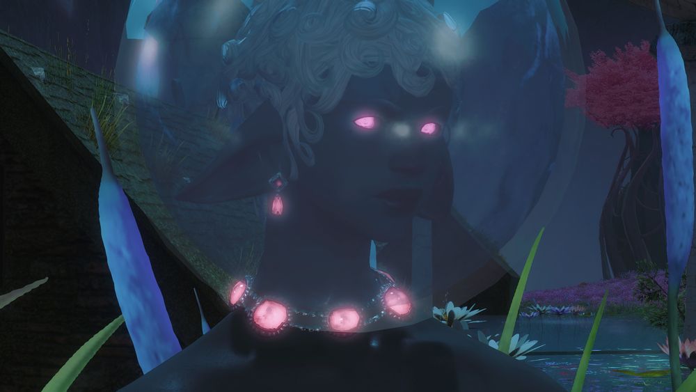 the same aquatic elf, now in a dark time of day with her jewelry and eyes glowing