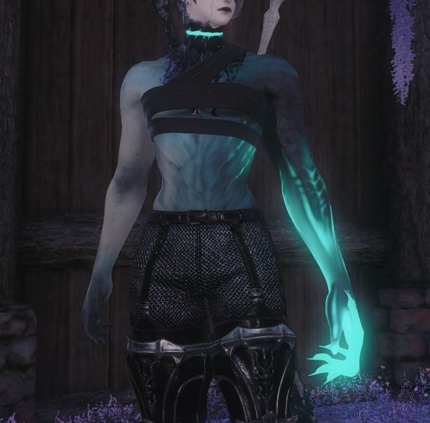 image of zero's torso, bare save for bandages across the chest, her voidssent arm overlarge for her body and glowing