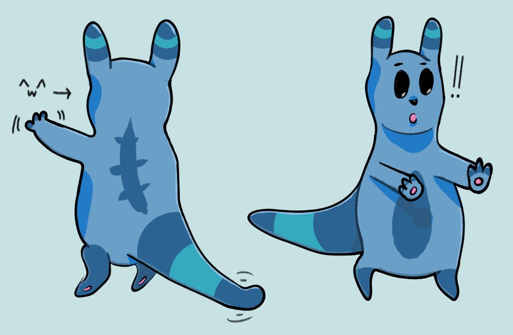Left: A blue slugcat with a stripy tail and ears waving happily in the distance, with its tail wagging. 

Right: A same slugcat with its hands out, with a shocked expression on its face