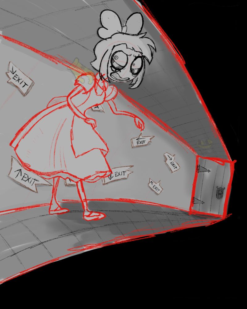Pomni from the Amazing Digital Wonderland AU. Wearing a dress. Bow on top of head. Looking behind her. Scared expression. Floating transparent hand on right shoulder. In a hallway. Wooden door at the far end of the hallway. Exit signs on the wall each pointing in different directions. Cheshire Jax's eyes and smile in the ceiling.