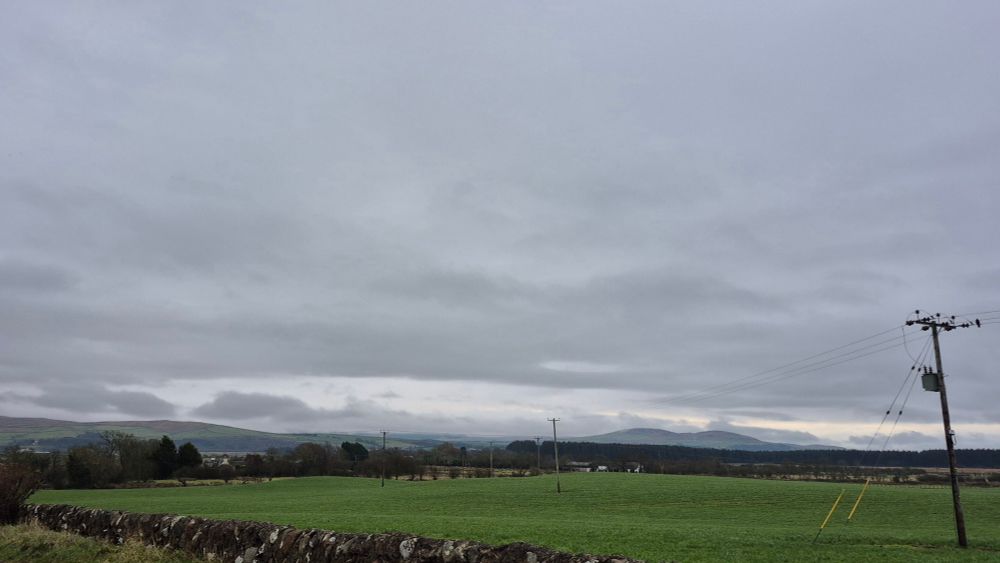 View over green fields of grass, towards forest in the background. The sky is full of light cloud which is entirely grey, with a thin layer of white  cloudless sky just above the forest. A single telegraph pole to the right foreground, and a stone wall leading into the distance.