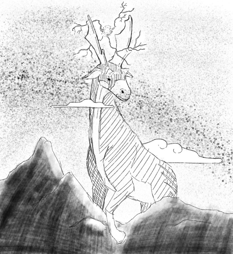 A digital sketch of a gigantic Sivatherium stepping over mountains under a night sky. Lightning branches from within its antlers 