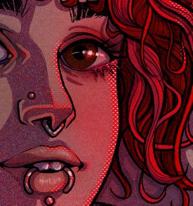 Closeup of part of the face, focusing on coloring using both grainy and dot brushes. In this case, I just really liked the dot highlighting along the nose and cheek, as well as the layers of colors in the teeth specifically. Also this might be the first time I've ever drawn eyelashes in my memory, so I'm kinda proud of 'em.

#oc #characterart #bendaydots #queerart #digitalart #krita #transcharacter