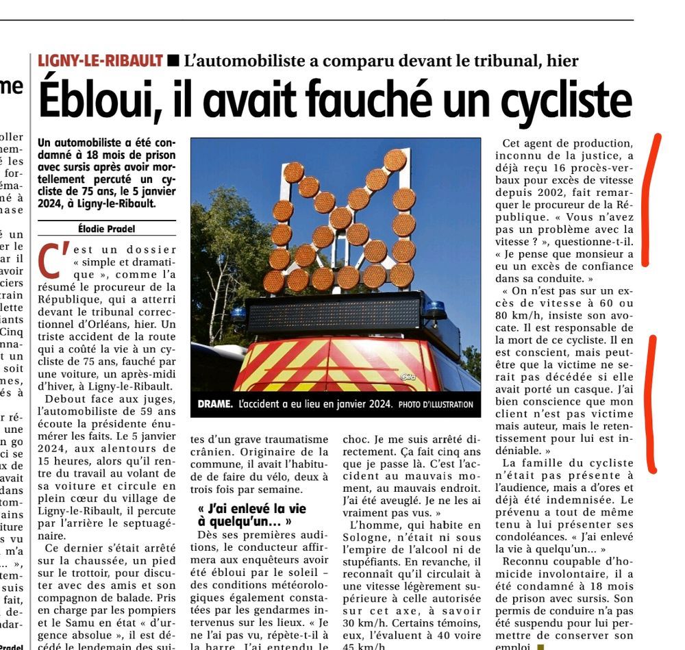 Article de "La République du Centre" relatant le procès d'un chauffard ayant provoqué la mort d'un cycliste à Ligny-le-Ribault dans le Loiret