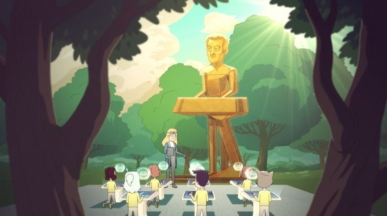 A scene from Star Trek: Lower Decks depicting a teacher and her students in front of a golden statue of Chief Miles O'Brien