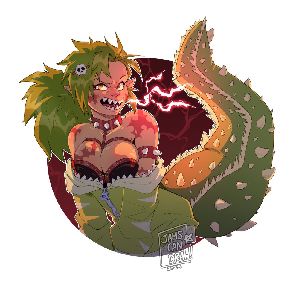 Digital drawing on a monster girl based on a Deviljho from the Monster Hunter series. She has spiky green hair in a ponytail, pointed teeth, several large red scars over her skin and a huge tail covered in pale yellow spikes. She is wearing an oversized green zip-up hoodie which has slipped down to reveal a harness and more revealing black top underneath. She is breathing red lightning.
