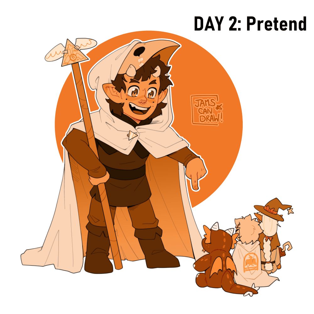 Digital illustration of a very young Steve from The Owl House, about 6 years old. He is wearing his school uniform with a bedsheet thrown over him like a cape, and a cardboard mask on his head meant to resemble that of a coven scout. He has a staff made from cardboard, with the Emperor's Coven symbol taped to the top, and is pointing at a neat row of toys with an authoritative gesture, as if giving them orders. The illustration has an orange tone to it.