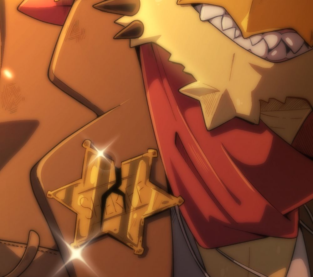 Close up crop of a digital illustration showing the lower jaw of a draconic face with golden scales, a leather coat and red bandana round the neck. A damaged sheriff badge glints in the light.