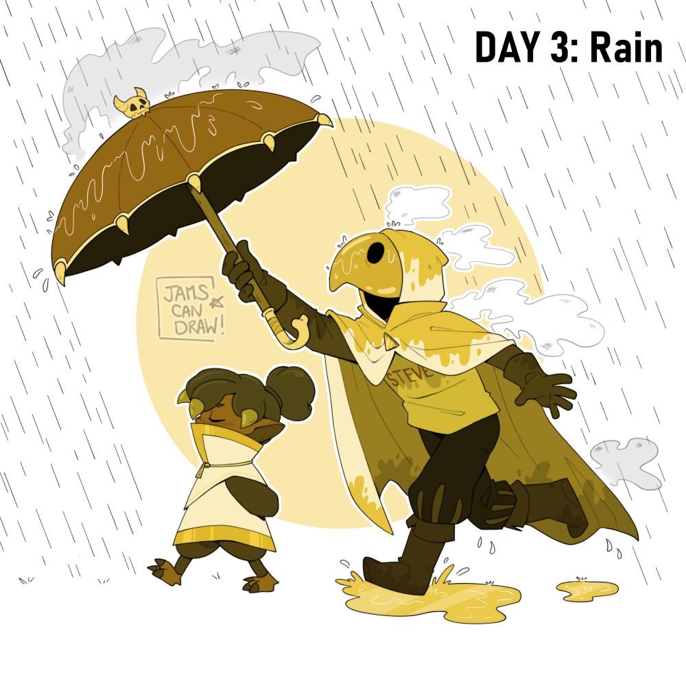 Digital illustration of Kikimora striding confidently from right to left, and Steve in his scout uniform chasing after her with an umbrella. It is raining heavily, and while Kikimora is fully protected, Steve is getting soaked and steam is rising from his head and shoulders. Kikimora seems completely unbothered by this. The illustration has a yellow tone.